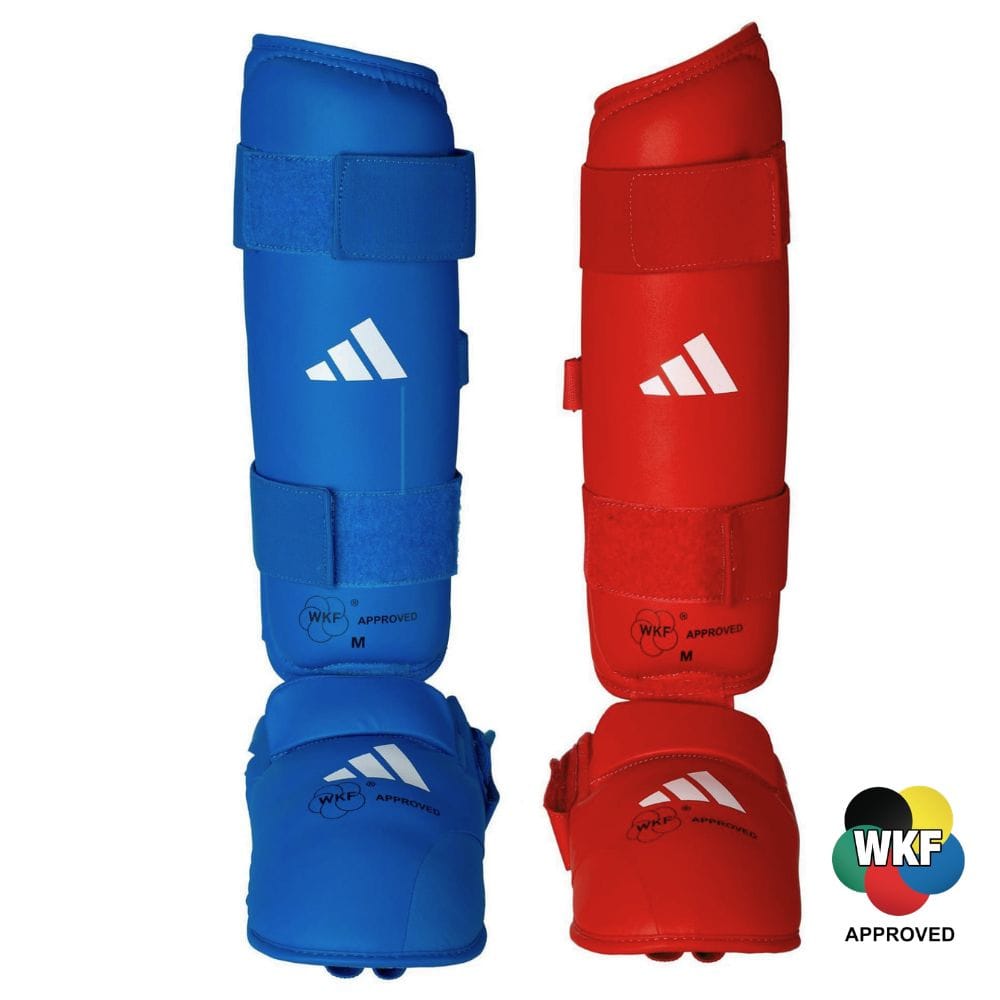 Adidas WKF karate shin and foot protectors red and blue