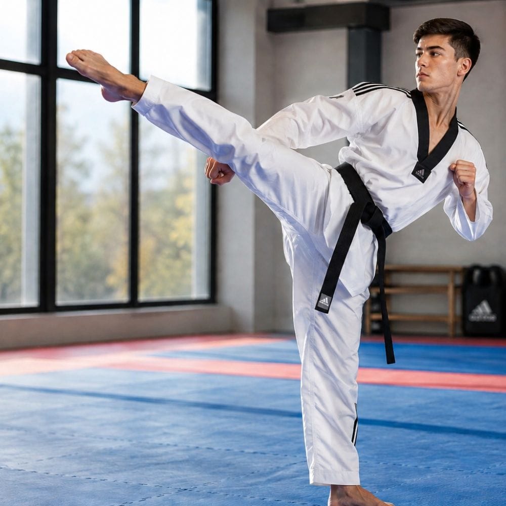 Athlete wearing Adidas Contest 3 WT taekwondo dobok during training