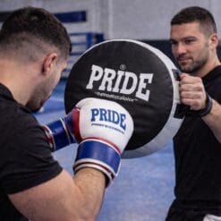 boxing training with pride punch shield and pride professional boxing gloves