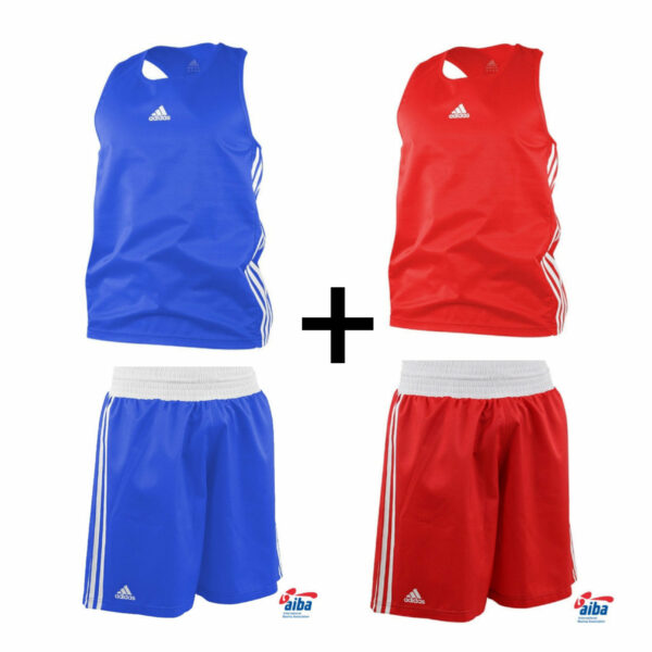 Boxing T-shirt and shorts AIBA set Adidas in red and blue colors.