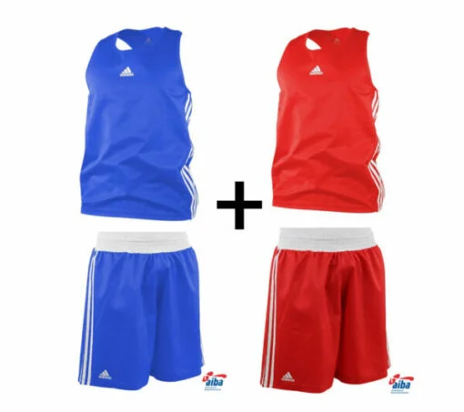 Boxing T-shirt and shorts AIBA set Adidas in red and blue colors