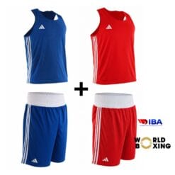 Boksarski komplet Adidas World Boxing IBA z rdečo in modro majico ter hlačami