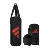 Kinder-Boxset Junior Adidas, schwarz mit rotem Logo, Set aus Boxsack und Boxhandschuhen