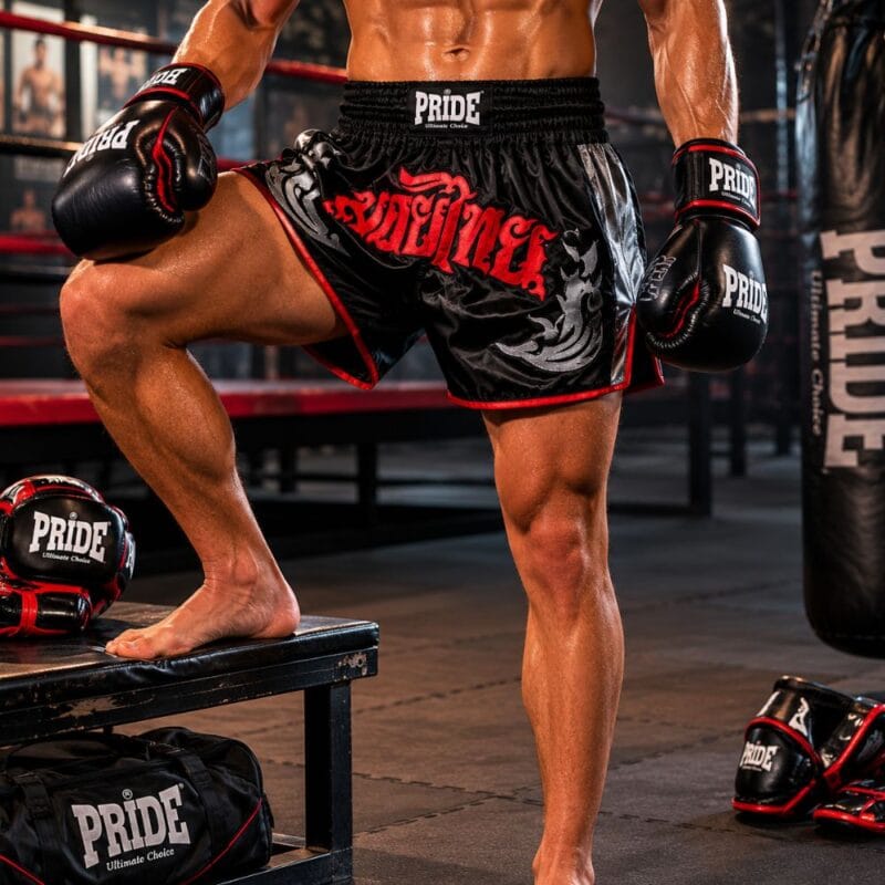Pride Extreme Thai hlačke za tajski boks in kickboxing črne z rdečim napisom v telovadnici