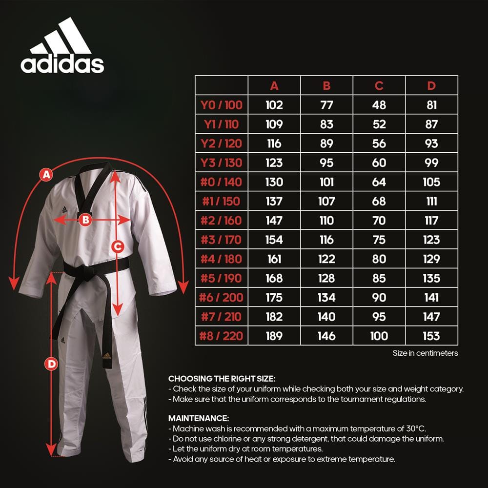 adidas WT Taekwondo Dobok Size Chart