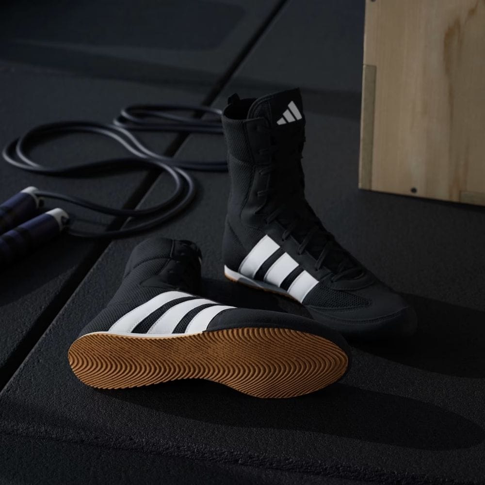 Adidas Box Hog Classic black boxing shoes in action