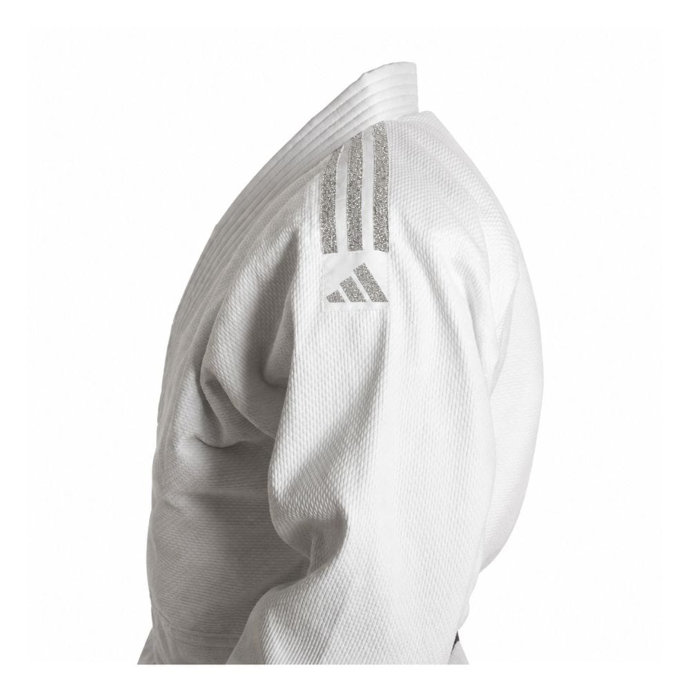 Judo kimono Club-gi Adidas bela-srebrne črte na ramenih