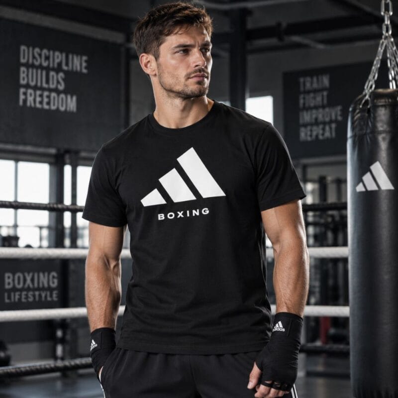Moški v črni boksarski majici Adidas z belim logotipom in napisom BOXING v boksarski telovadnici