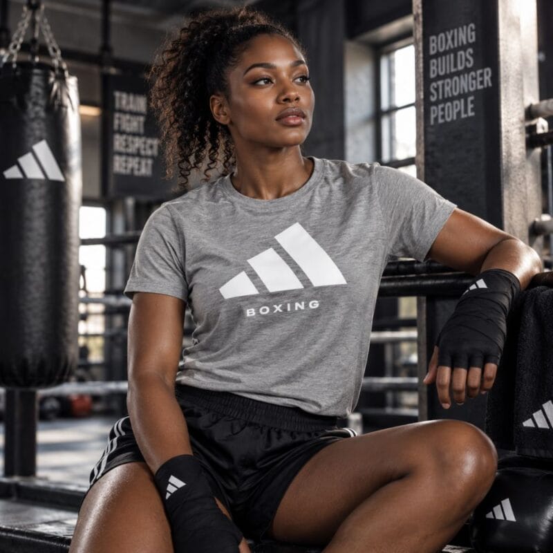 Ženska v sivi boksarski majici Adidas z belim logotipom in napisom BOXING v boksarski telovadnici